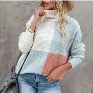 Entro Colorblock Turtleneck Sweater Grey, Cream, Coral Size 1X